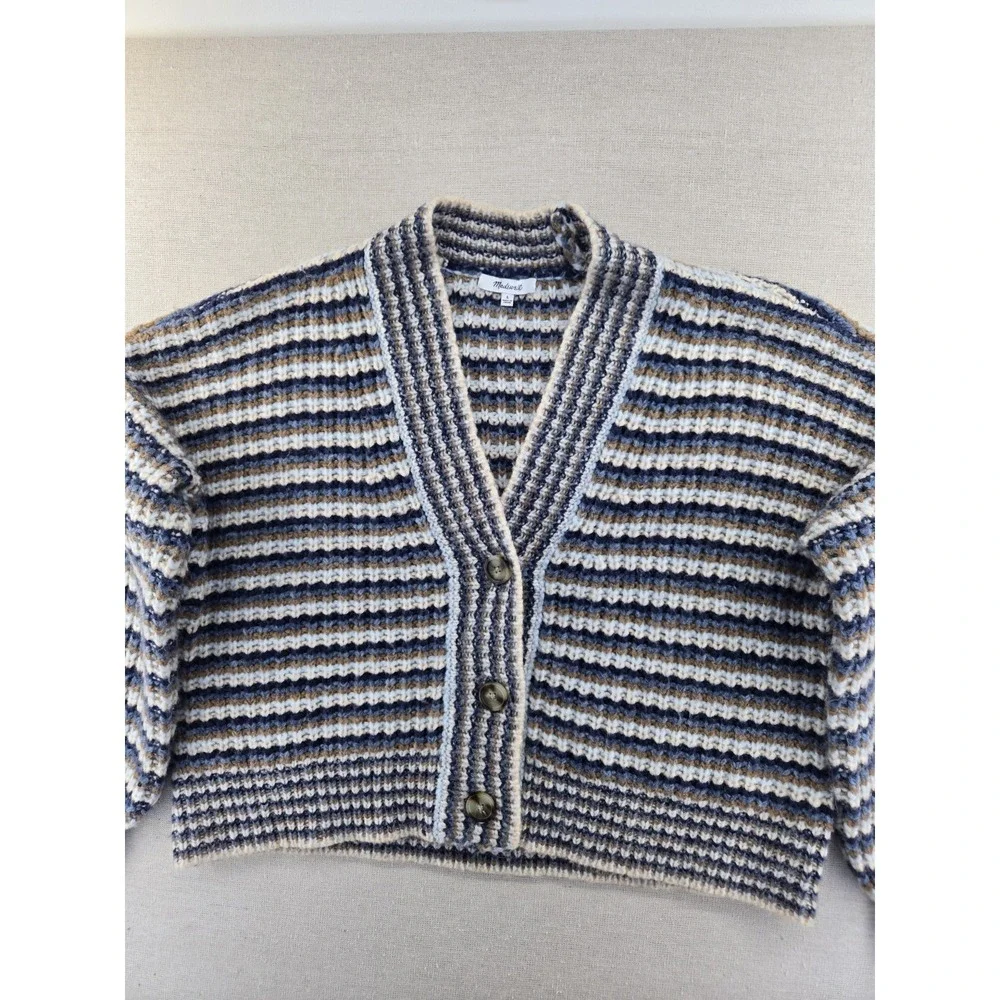Madewell Women's Waller Crop Cardigan Sweater Striped Heather Cloudburst Large - Picture 2 of 9